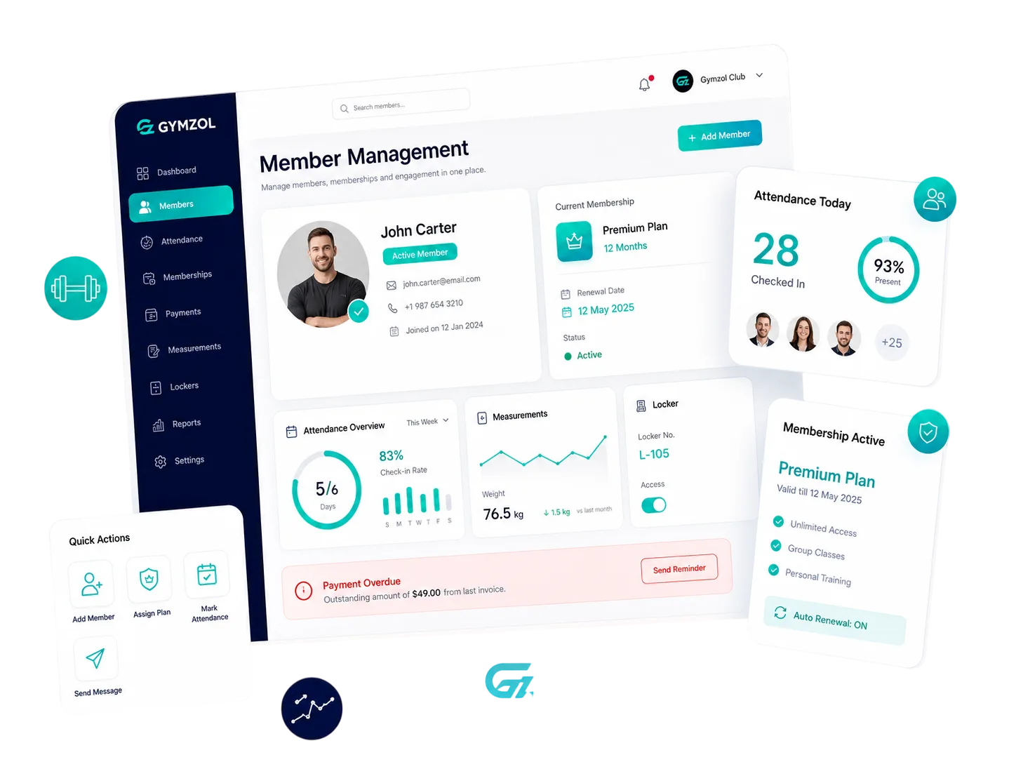Gymzol member management dashboard